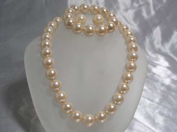 14mm pink seashell Pearl necklace bracelet & earring