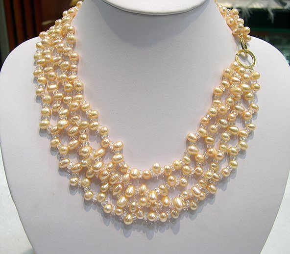 16''-18'' 4rows pink Cultured Pearl&Crystal Necklace