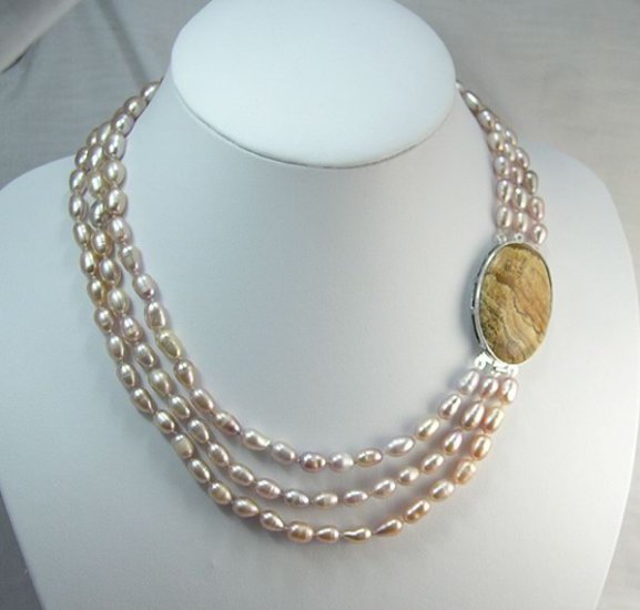 16''-19'' 3rows pink Cultured Pearl Necklace gem clasp