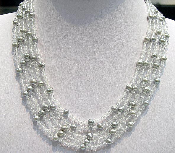 16''-20'' 5row silver-grey Cultured Pearl&crystal Necklace