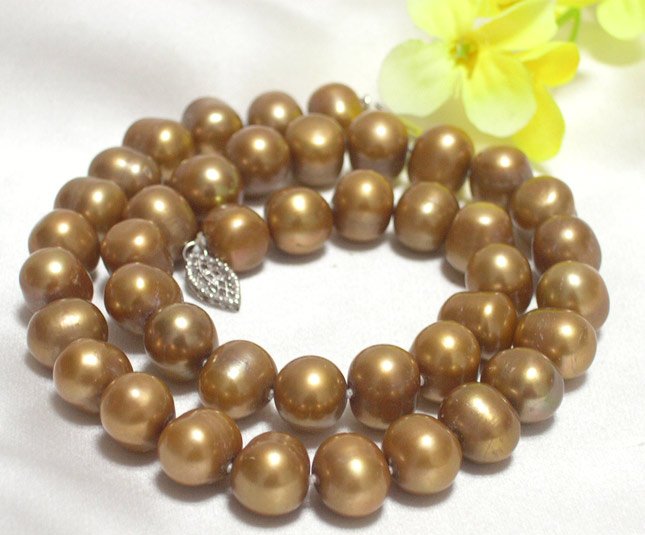 17'' 10mm-12mm champagne freshwater pearl necklace 14k
