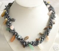 17'' 2-PCS BLACK CULTURED PEARL&CRYSTAL Necklace