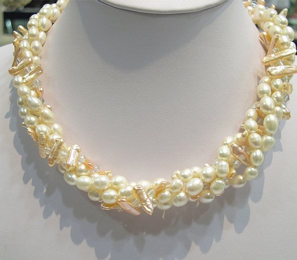 17'' 3row Genuine Cultured Pearl Lute shape Necklace 925
