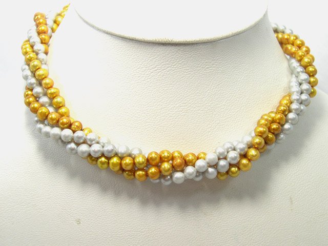 17'' 4rows Silver_champagne Cultured Pearl Necklace