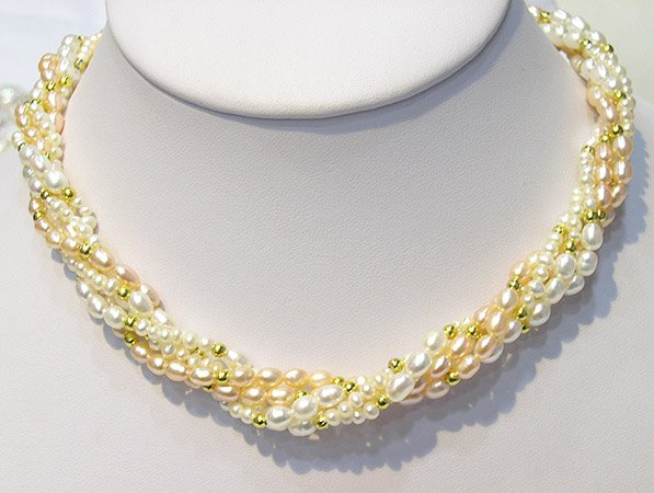 17'' 5ROWS WHITE PINK GENUINE CULTURED PEARL NECKLACE