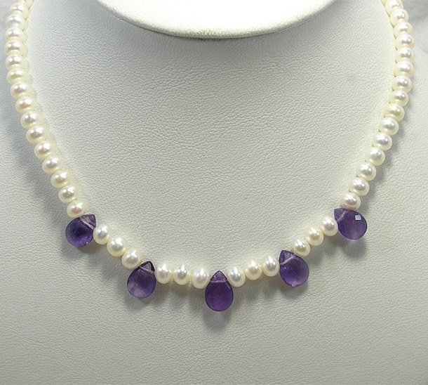 17'' White Cultured Pearl Natural Amethyst Necklace 925