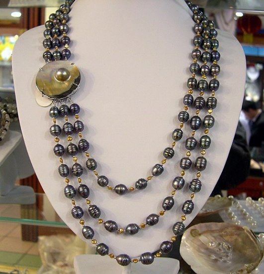 17''-20'' 3rows black cultured pearl necklace 925s shell