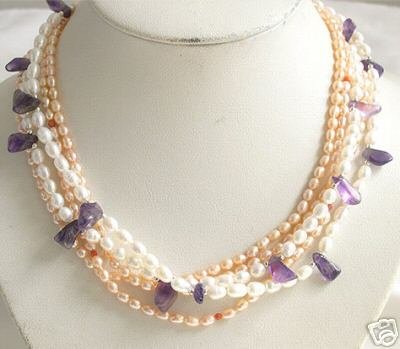 18'' 4ROWS WHITE PINK CULTURED PEARL&CRYSTAL Necklace