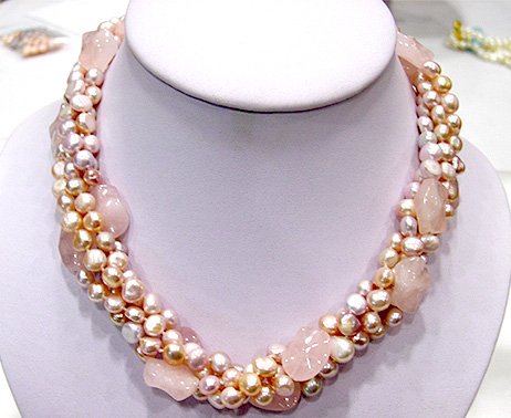 18'' 4rows pink genuine cultured pearl&jade Necklace