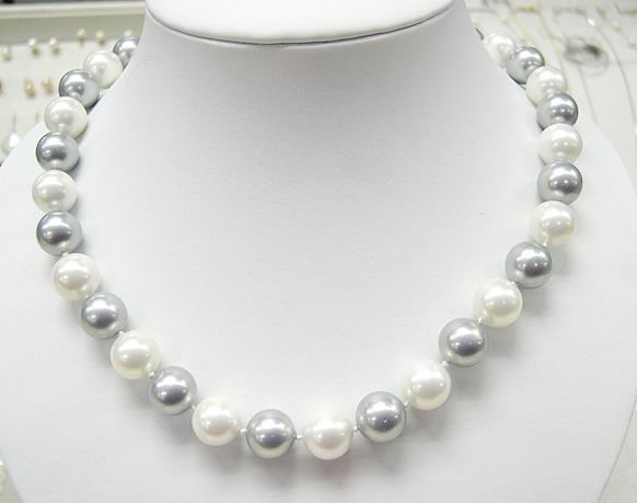 19'' 12MM GREY WHITE SEA SHELL PEARL NECKLACE 925S