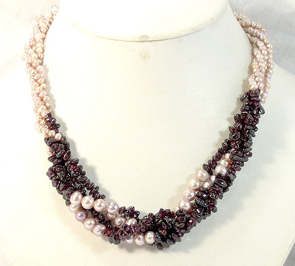 19'' 4ROWS LAVENDER CULTURED PEARL&GARNET NECKLACE 925S
