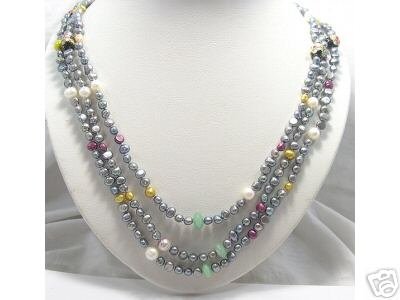 22''-24'' 3rows Silver-grey Cultured Pearl Gems Necklace