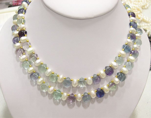 2ROW 17'' WHITE GENUINE CULTURED PEARL&FLUORITE NECKLACE