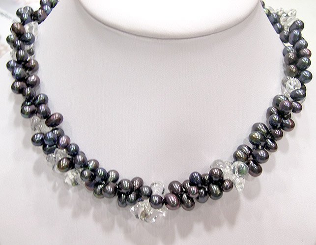 2ROWS 17'' BLACK GENUINE CULTURED PEARL & CRYSTAL NECKLACE