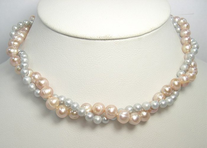 2ROWS PINK SILVER-GREY Cultured Pearl Necklace