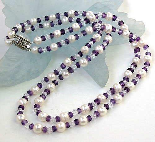 2rows Genuine White Cultured Pearl&Crystals Necklace