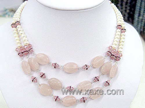 2rows white pearl & pink jade necklace