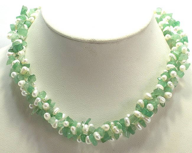 3ROWS WHITE Genuine Cultured Pearl&Jades Necklace 925s