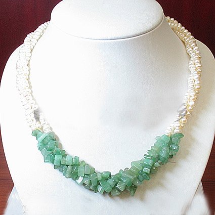3ROWS white cultured pearl&Jades Necklace 925S