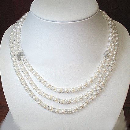 3ROWS white cultured pearl&crystal Necklace 925S
