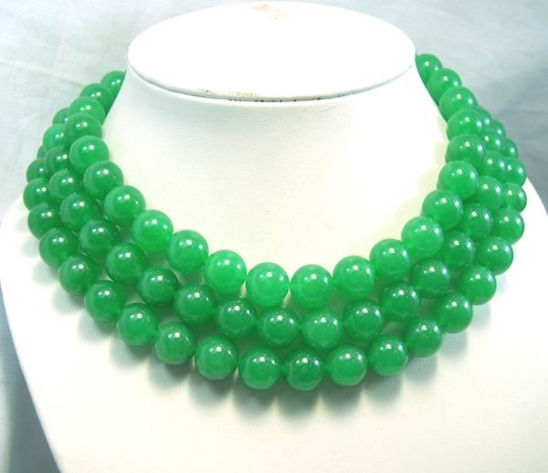 3Rows Huge 12mm Green Jade beads Necklace 925S