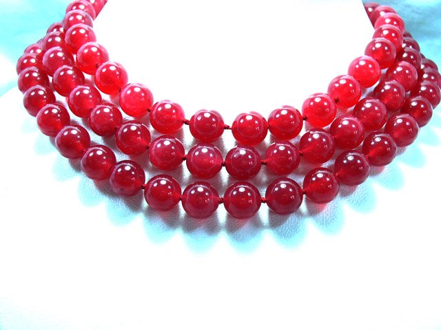 3Rows Huge 12mm RED Jade beads Necklace 925S