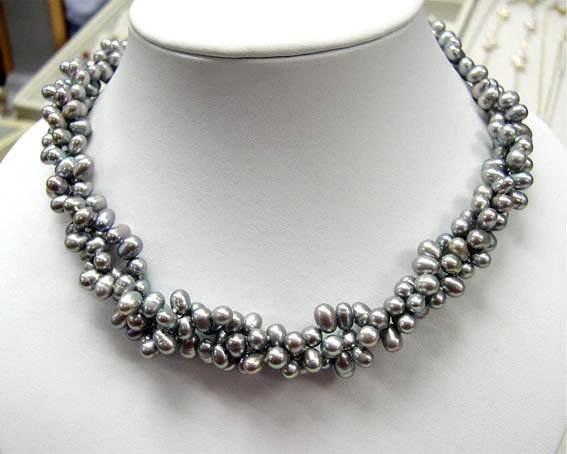 3Rows Silver Gary Genuine Cultured Pearl Necklace
