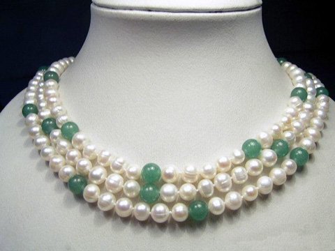 3rows 7-8mm white cultured pearl&natural jades necklace