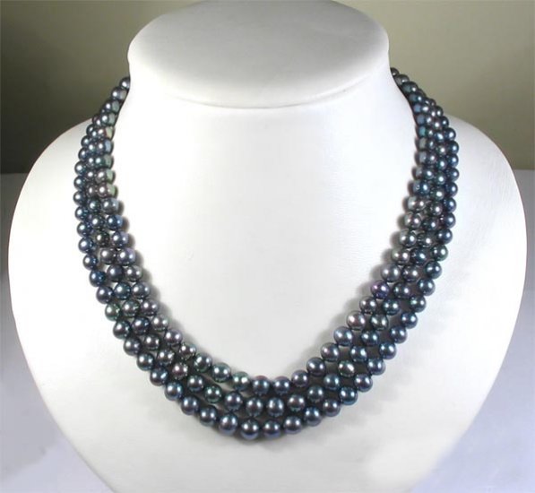 3rows BLACK Genuine Cultured Pearl Necklace