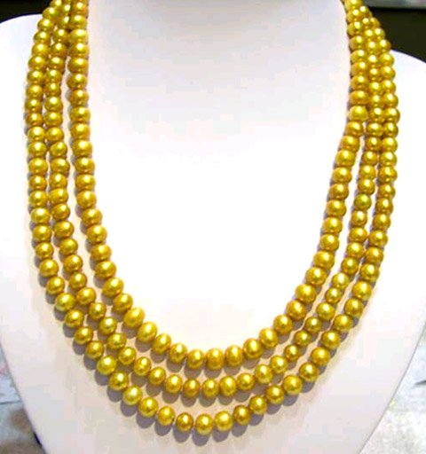 3rows champagne Cultured Pearl NECKLACE 925s