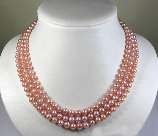 3rows pink Genuine Cultured Pearl Necklace 925S