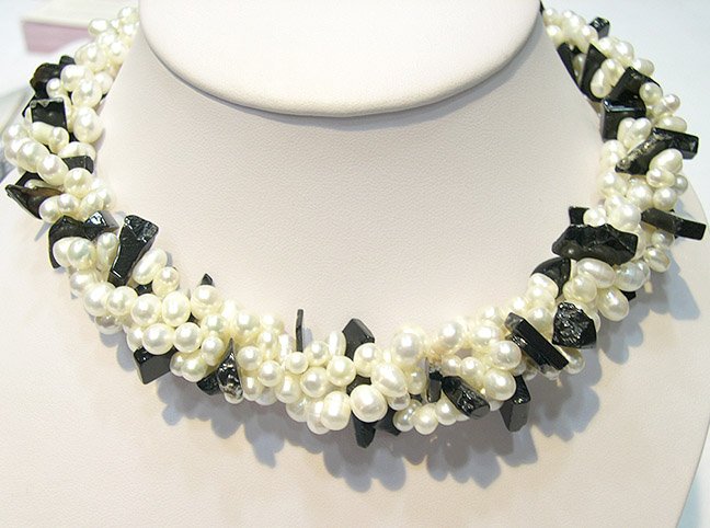 40'' 2-PCS WHITE GENUINE CULTURED PEARL&GEMS NECKLACES