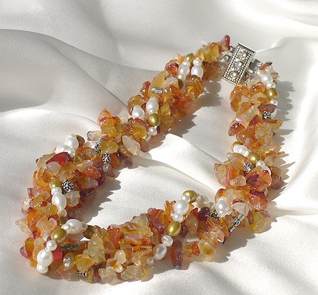 4ROWS 17'' FRESHWATER CULTURED PEARL&AGATE Necklace