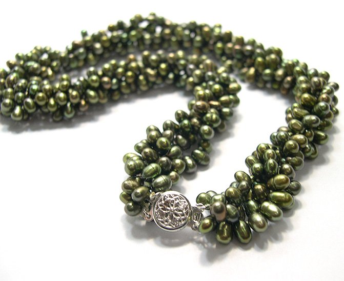4ROWS 18'' PEACOCK-GREEN GENUINE CULTURED PEARL NECKLACE
