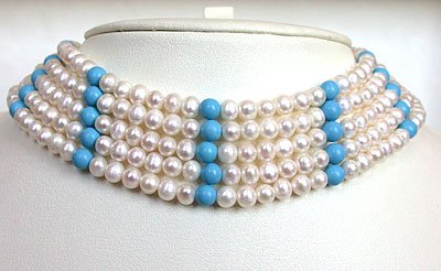 5 LINE ROUND PEARL & TURQUOISE BEAD CHOKER
