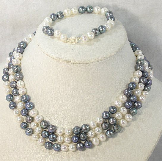 51'' 8-9MM WHITE BLACK CULTURED PEARL NECKLACE&BRACELET