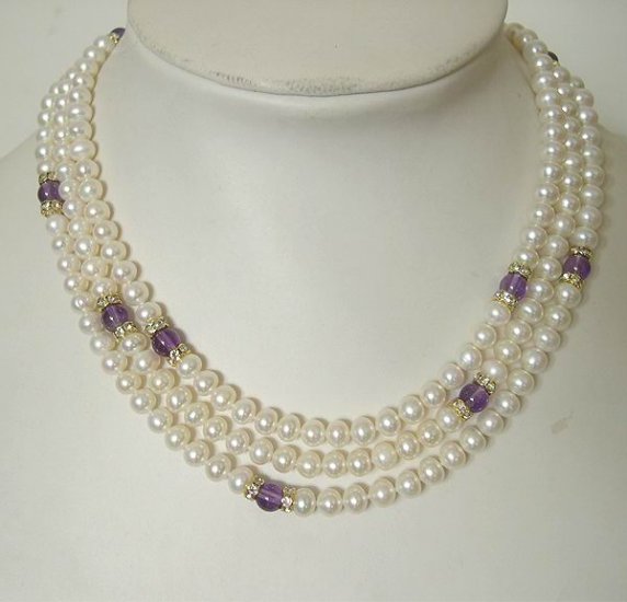 51'' High Luster Cultured Pearl&Natural Amethyst Necklace
