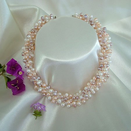 5ROWS 3-COLOR CULTURED PEARL&CRYSTAL NECKLACE 925