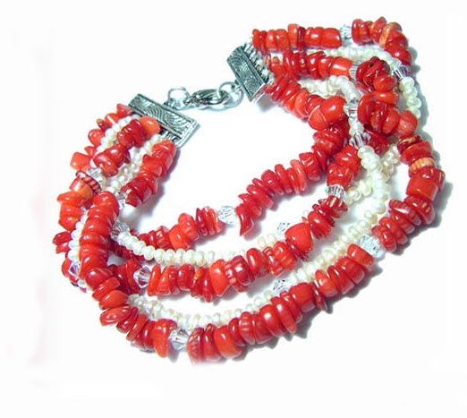 5rows Genuine Cultured Pearl&Red Corals Bracelets