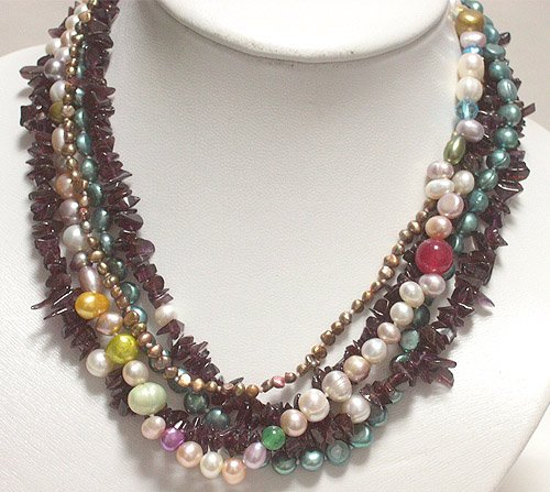 5rows cultured MULtiCOLOR pearl&GARNET necklace