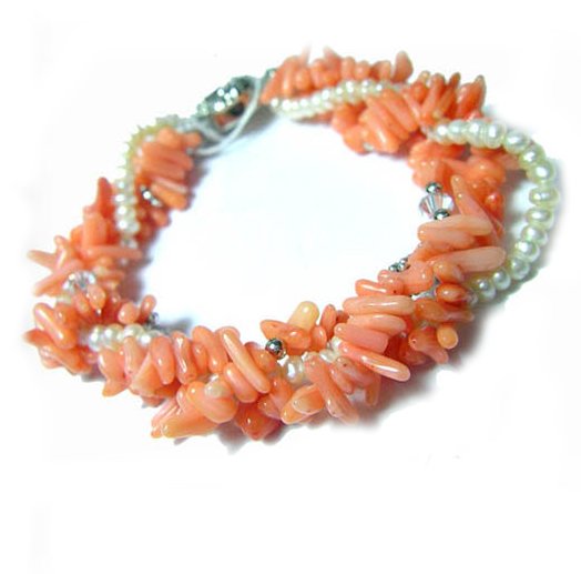 8'' 4rows Red Corals&White Cultured Pearls Bracelet