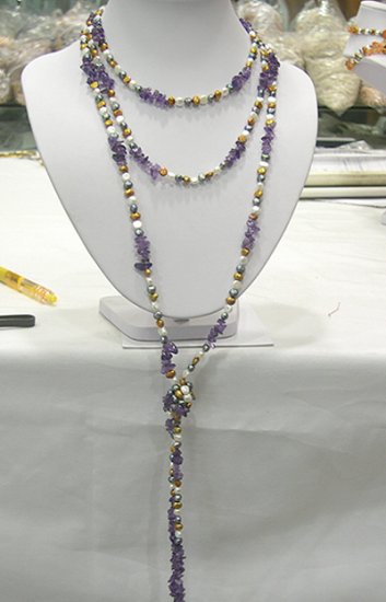 80'' SINGLE MULTICOLOR CULTURED PEARL&AMETHYST NECKLACE