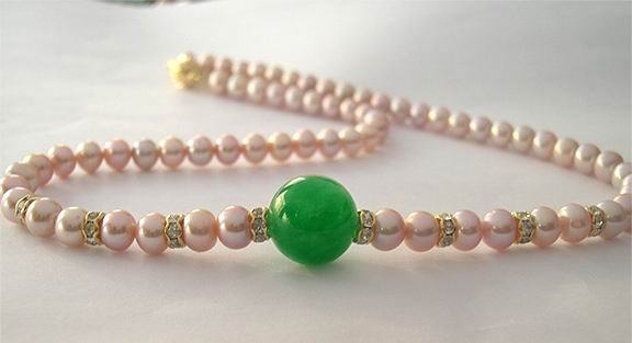 AAA 16'' 14mm green Jade&Pink pearl Necklace