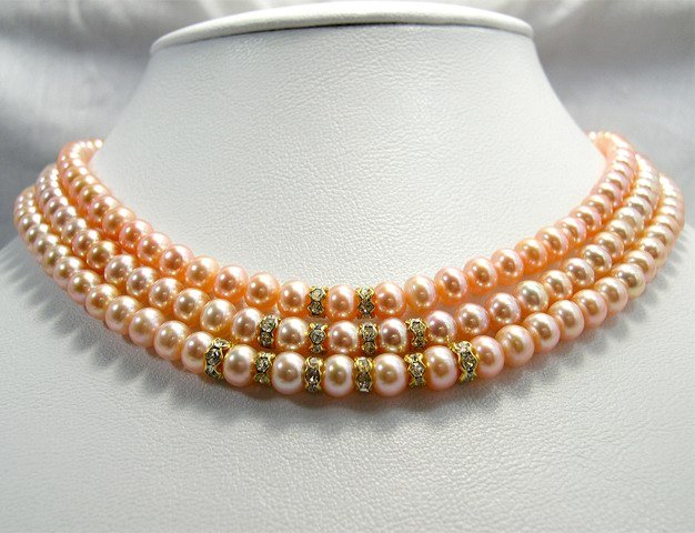 AAA 3rows PINK Genuine Cultured Pearl Necklace 925