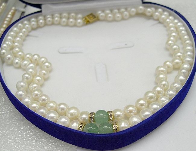 BAROQUE 2ROWS CULTURED PEARL&NATURE JADE NECKLACE