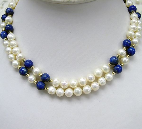 BAROQUE 2ROWS WHITE CULTURED PEARL GEMS NECKLACE 925S