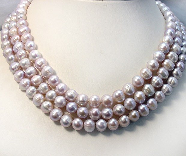 BAROQUE 3ROWS 8-10MM LAVENDER Cultured Necklace 925S