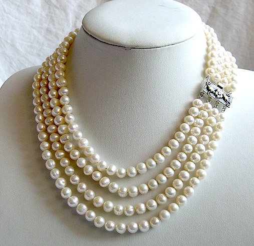 BAROQUE 4rows 7-8mm Cultured Pearl Necklace 925S