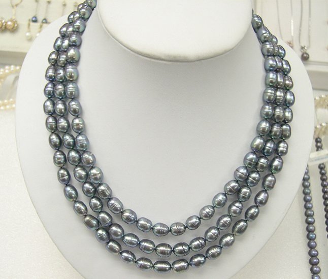 BAROQUE 8-9MM 3rows Genuine Cultured Pearl Necklace 925
