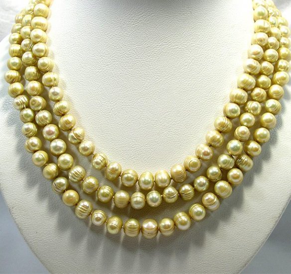 BAROQUE 9-10MM 3rows Champagne Pearl Necklace 925
